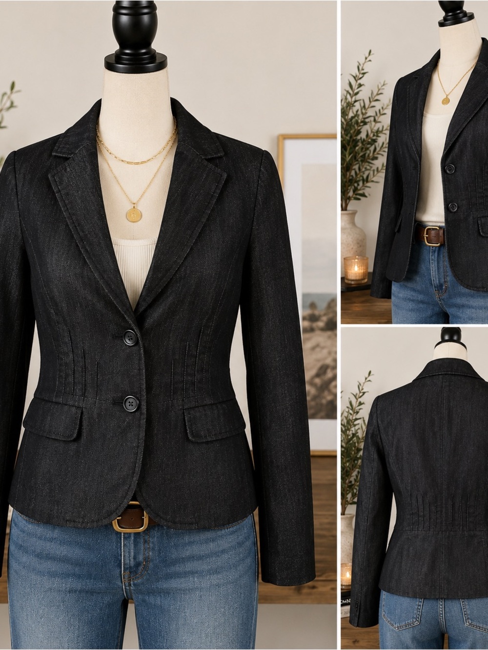 Ann Taylor LOFT Blazer Women 8 Black Denim Look Tailored Fitted 2 Button Jacket